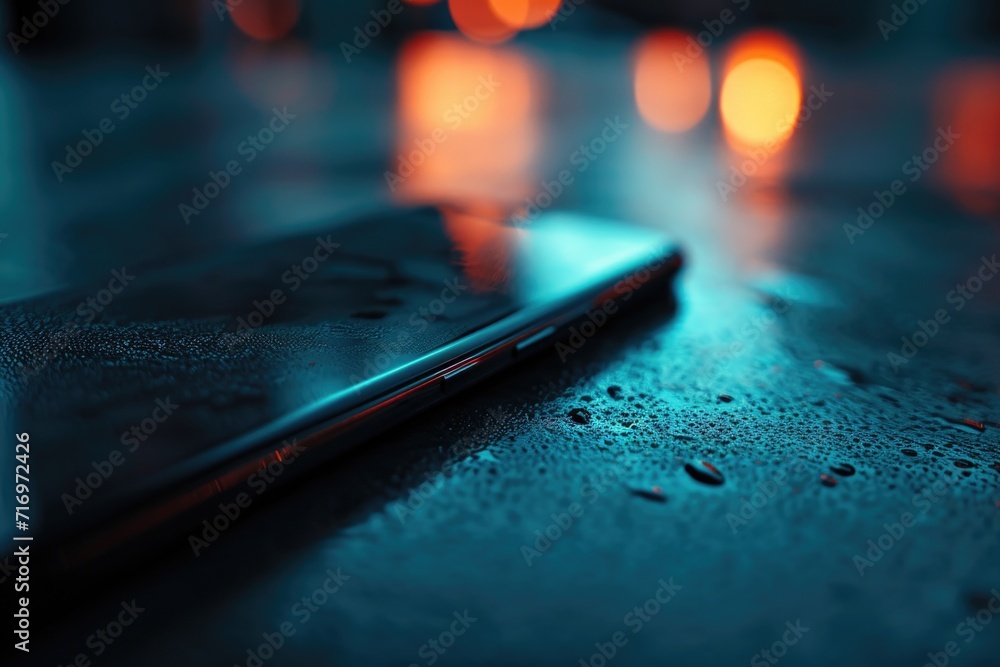 Poster A close-up view of a cell phone placed on a table. Perfect for technology or communication-related projects