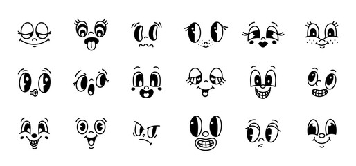 Cartoon retro faces. 50s, 60s old animation elements, funny comics characters, cute emotions, vintage happy mascot characters. Creator elements isolated 1950s style garish vector set