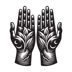 Obraz premium beautiful engraved abstract illustration of hands. Plants, magic. Black lines. Tattoo, print. Palmistry