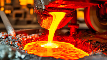 Industrial Steel Production: Fire, Heat, and Sparks in a Factory Specializing in Metal Foundry - obrazy, fototapety, plakaty