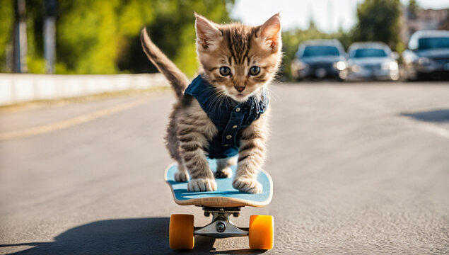 A cute kitten skateboarding on the street