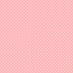 Pink and white polka dot pattern, seamless texture background. Minimal fashionable design. Polka dots trendy background, tile. For fabric pattern, card, decor, wrapping paper