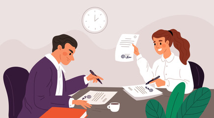 Business transaction in office. Signing documents, parties agreement, contract conclusion, man in suit signs papers, persons cooperation, deal cartoon flat isolated garish vector concept