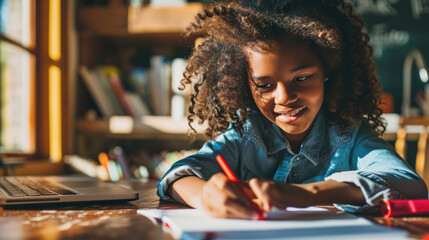 Young girl is smiling at the camera while holding a pencil, sitting at a table with a laptop, engaged in a learning activity or homework. - obrazy, fototapety, plakaty