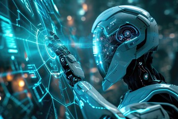 3d rendering robot working with digital display