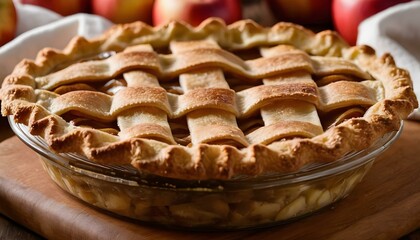 Fototapeta na wymiar Apple pie on a wooden table and apples around