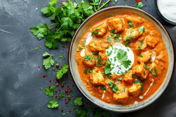 Chicken Tikka Masala made of chicken breast cubes, tomato paste, cream, buttter, cup fresh chopped cilantro, chopped onion, yogurt served in white plate, coriander leaves
