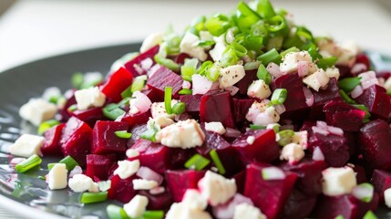 Fototapeta na wymiar Beetroot and feta cheese salad on a large plate with green leafy vegetables.