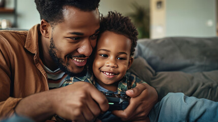 Smiling man and a young boy are enjoying playing a video game together on a couch in a cozy living room.