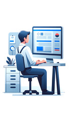 Professional Male Character Working on Computer in Modern Office Environment Illustration - Concept of Corporate Job, Technology, and Digital Profession