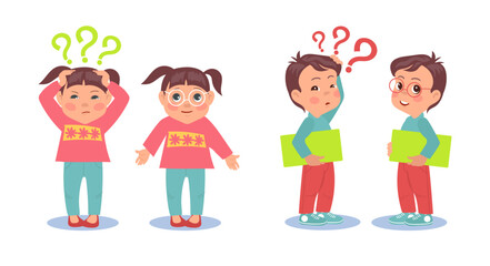 Boy and girl see poorly without glasses and well with eyeglasses. Sad children Poor eyesight, eye sight and vision therapy, ophthalmology clinic. Cartoon flat isolated vector concept