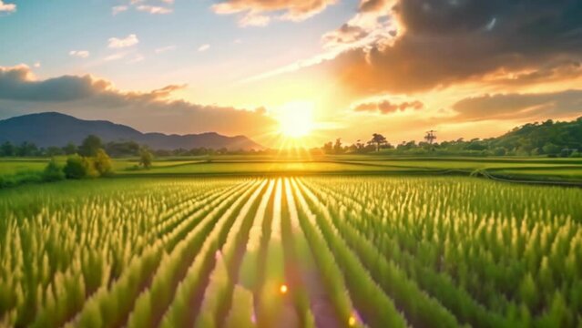 beautiful view on rice fields at sunset