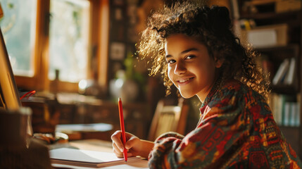 Young girl is smiling at the camera while holding a pencil, sitting at a table with a laptop, engaged in a learning activity or homework. - obrazy, fototapety, plakaty
