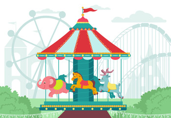 Beautiful children carousel at city amusement park. Carnival entertainment equipment with horse and elephant. Boys and girls leisure at playground. Cartoon flat isolated vector concept © VectorBum