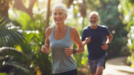 Cheerful elderly couple jogging together in a park filled with lush greenery.