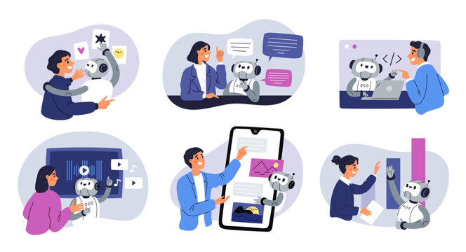 Artificial intelligence. Human interaction with AI, joint tasks solution, robot works with people, self developing system, communicating with chatbot, cartoon isolated garish vector set