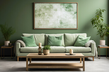 Immerse yourself in sophistication with a soft color green sofa and a chic table in a living room framed against an empty canvas, ready for your creative text.