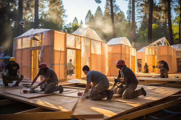 A dynamic image of volunteers constructing temporary shelters for the homeless, showcasing the hands-on efforts to provide a safe and secure environment for those without homes.
