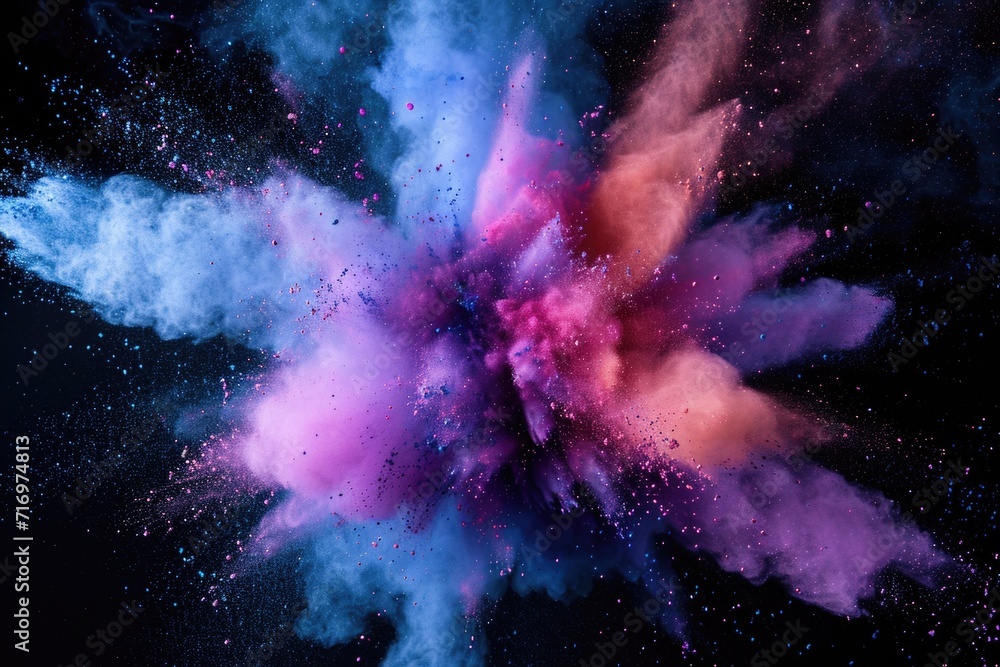 Poster a vibrant blue and pink powder cloud suspended in the air. perfect for adding a burst of color and e
