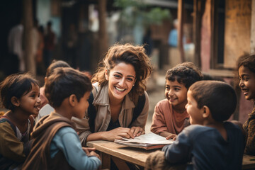 A heartwarming image of volunteers providing educational support to underprivileged children, highlighting the transformative impact of volunteer-driven initiatives on youth educat - obrazy, fototapety, plakaty