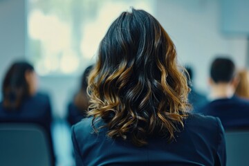 Fototapeta premium A woman sitting in front of a group of people. Suitable for business meetings, presentations, and team discussions