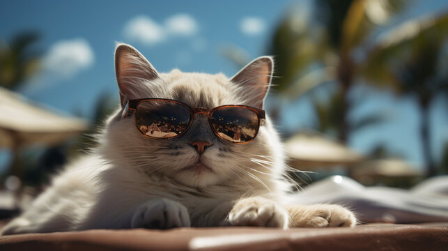 Siamese cat in sunglasses lying with its paw on