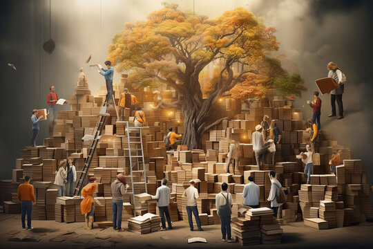 A visually elaborate image of volunteers organizing a book drive for disadvantaged communities, emphasizing the value of education and knowledge-sharing in volunteer initiatives.