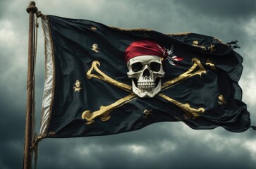 Pirate Flag red  skull and bones in the wind ai generated 