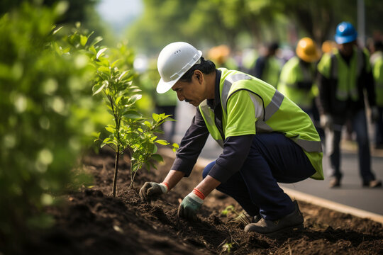 A visually elaborate scene of volunteers organizing a tree-planting initiative in an urban area, promoting green spaces and contributing to the beautification of the city.
