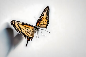 Fototapeta na wymiar Butterfly hanging on wall, side view, illustration style, whaite background