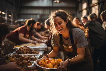A celebratory image of volunteers organizing a community feast for the less fortunate, highlighting the joy and unity that arise from collective efforts to help those in need. - obrazy, fototapety, plakaty