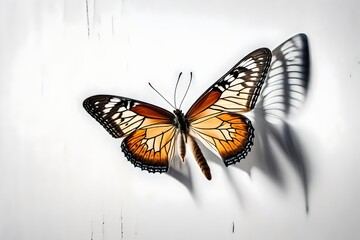 Butterfly hanging on wall, side view, illustration style, whaite background
