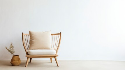 A chair in front of a plain wall. Copy space. Space for text - obrazy, fototapety, plakaty