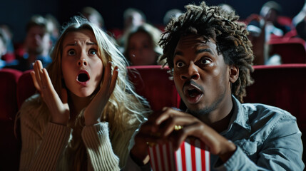 Fototapeta premium Young man and woman looking shocked and excited while watching a movie in a cinema, holding a box of popcorn.