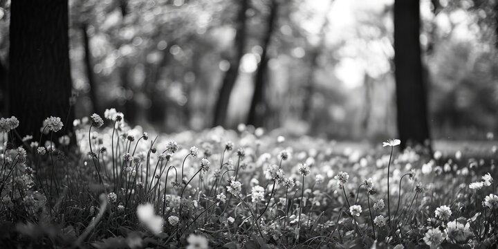 A black and white photo showcasing a beautiful field of flowers. Perfect for adding a touch of elegance to any project