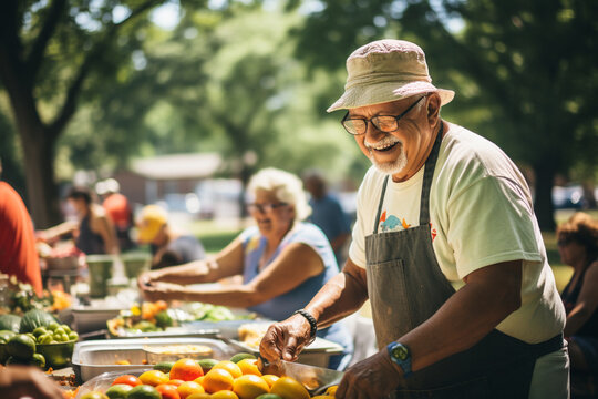 A heartwarming portrayal of volunteers organizing a community picnic for senior citizens, emphasizing the importance of social connection and companionship in volunteer work.