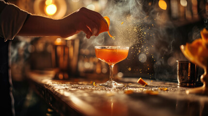 Bartender is performing a technique known as expressing or flaming an orange peel over a cocktail.