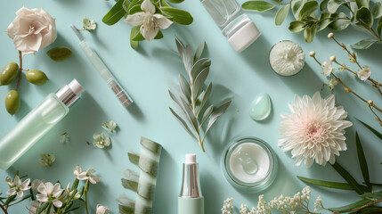 Flat lay composition of skincare products and natural elements on a pastel blue background - obrazy, fototapety, plakaty