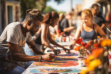 An artistic representation of volunteers organizing a neighborhood art festival, fostering creativity and community pride through collaborative artistic expression. - obrazy, fototapety, plakaty