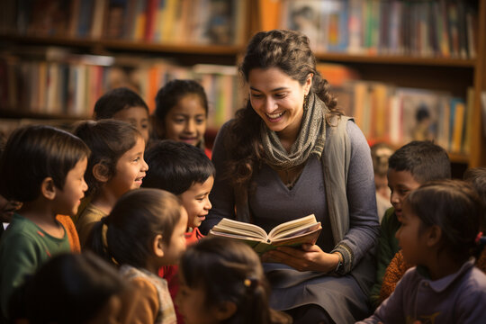 An inspiring scene of volunteers organizing a community reading program for children, emphasizing the transformative power of literacy in shaping the future of young minds.