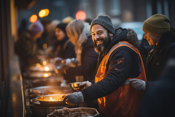 An uplifting image of volunteers distributing warm meals in a street kitchen for the homeless, showcasing the compassionate act of helping those in need.