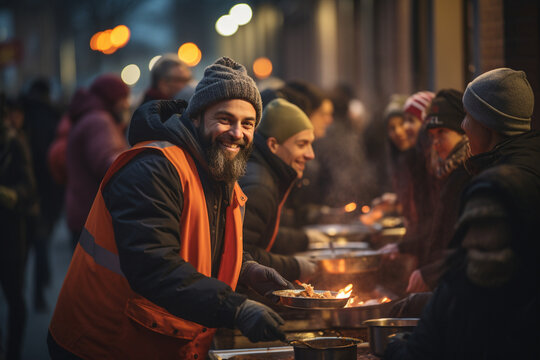 An uplifting image of volunteers distributing warm meals in a street kitchen for the homeless, showcasing the compassionate act of helping those in need.