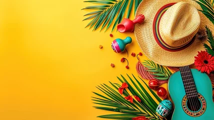 Foto op Canvas Minimalist modern mexican Cinco de Mayo holiday background, warm yellow background top view. Flat layout style, generative ai, Minimalist modern mexico fiesta background with hat, maracas, guitar © Naseem