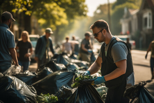 An inspiring scene of volunteers organizing a neighborhood cleanup, fostering a sense of community pride and collective responsibility for maintaining a clean environment.