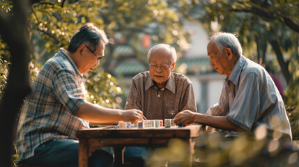 Senior Asian people playing Mahjong outdoors