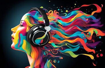 Artistic illustration featuring a head wearing headphones. This colorful illustration depicts the relaxation and emotion that come with listening to music.