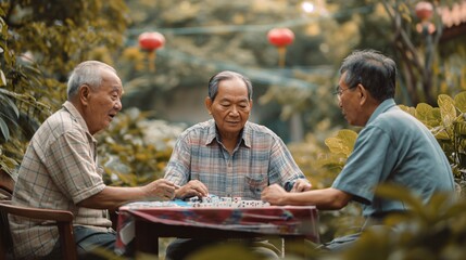 Senior Asian people playing Mahjong outdoors