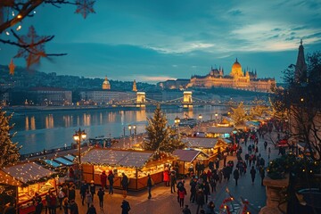 A view of a bustling Christmas market set against the picturesque backdrop of the Danube River. Perfect for capturing the festive atmosphere and holiday spirit.