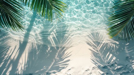 Fototapeta na wymiar top view of water surface with tropical leaf shadow. Shadow of palm leaves on white sand beach. Beautiful abstract background concept banner for summer vacation at the beach, generative ai