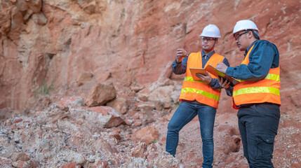 Geologist surveying mine,Explorers collect soil samples to look for minerals. - obrazy, fototapety, plakaty